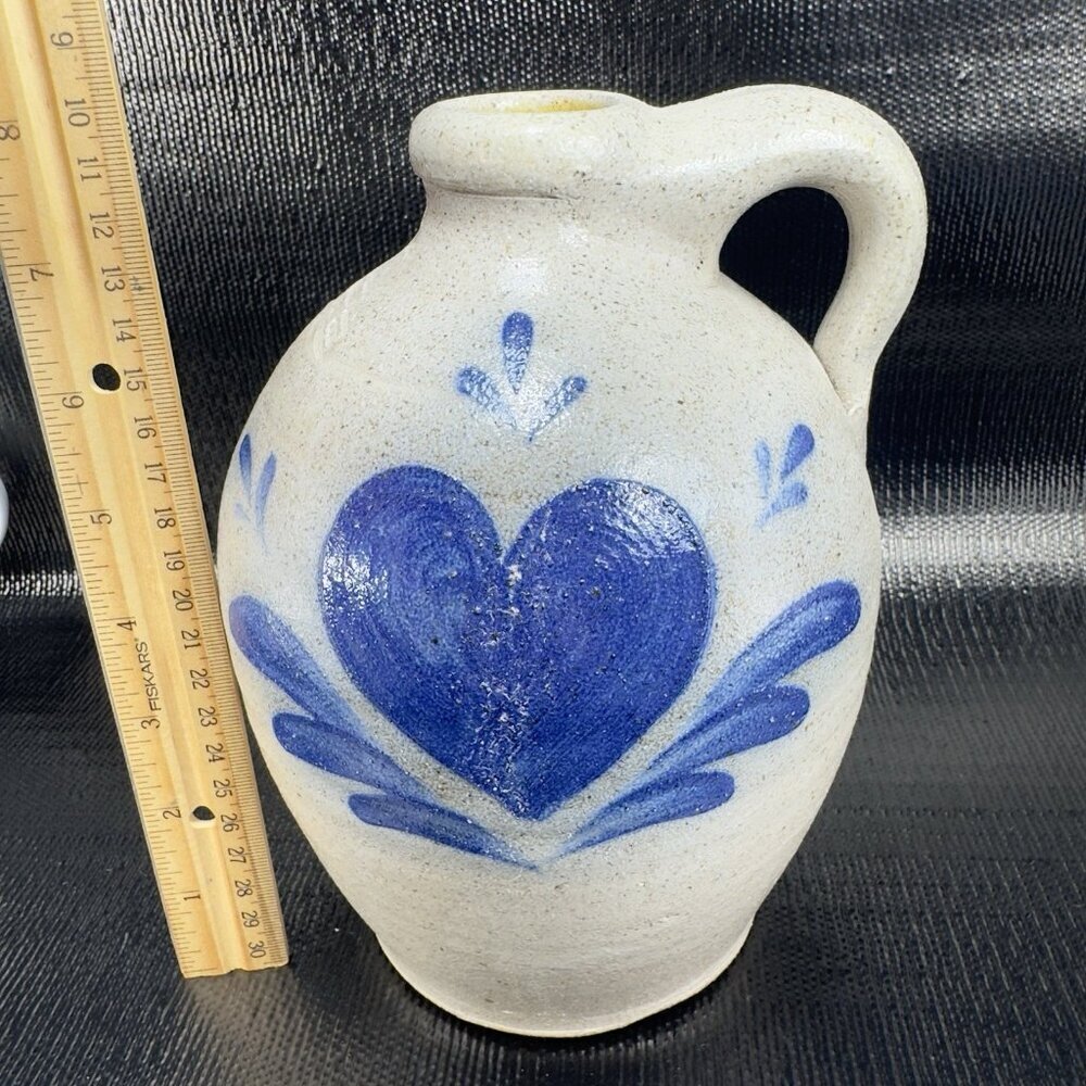 1994 Rowe Pottery Works Salt Glazed Gray Blue Heart Jug Carafe Container Marked - Picture 2 of 16